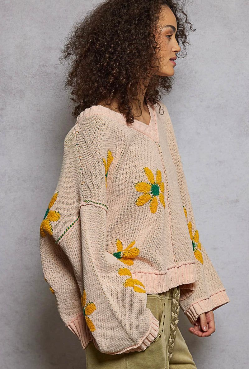 Light Pink Outside Stitch Drop Shoulder VNeck Long Sleeve Sweater Top