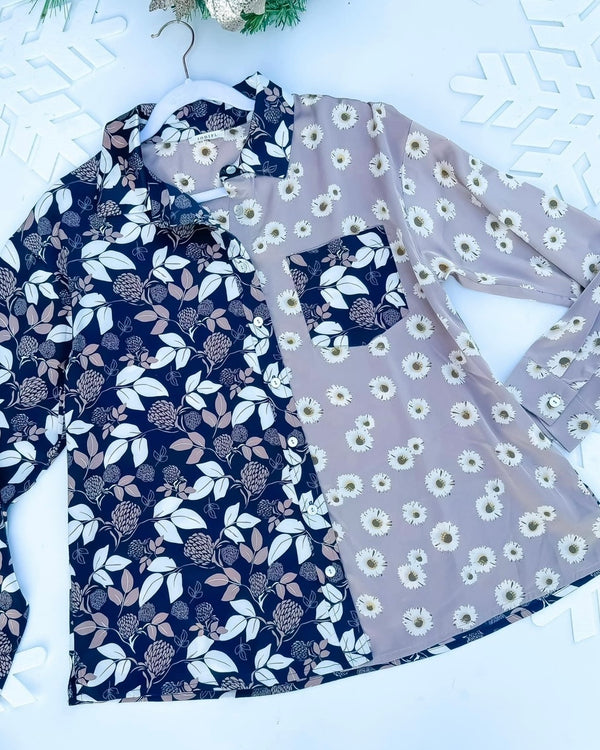 Black & Taupe Color Block Floral Print Long Sleeve Button Front Satin Blouse