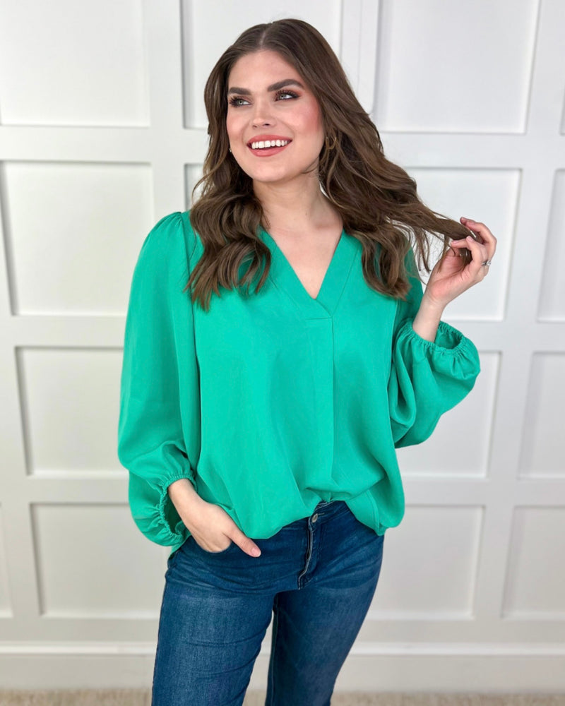 Plus Size Teal Green or Coral Jamie Long Balloon Sleeve VNeck Top