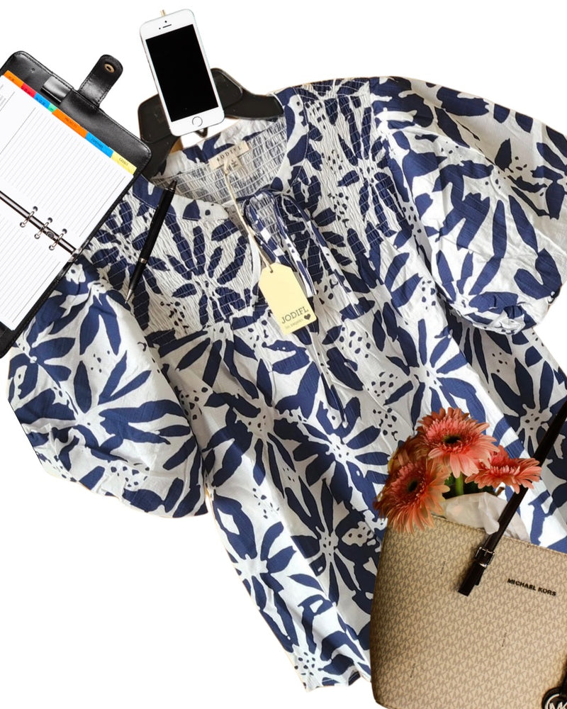 White & Navy Blue Flower Print Smocked Short Puff Sleeve Top