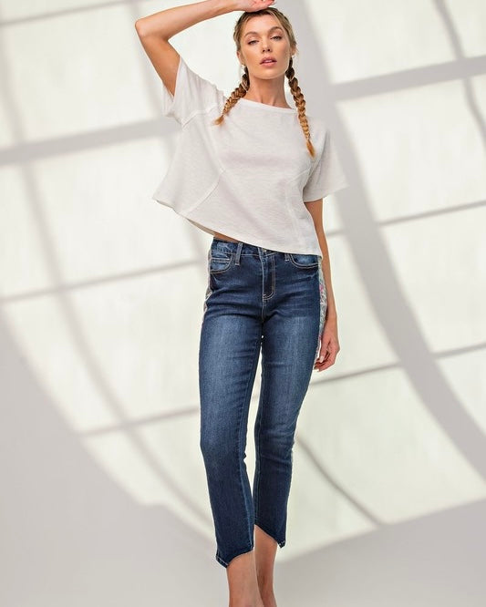 Dark Wash Stretched Denim High Rise Skinny Contrasting Floral Inset Jeans