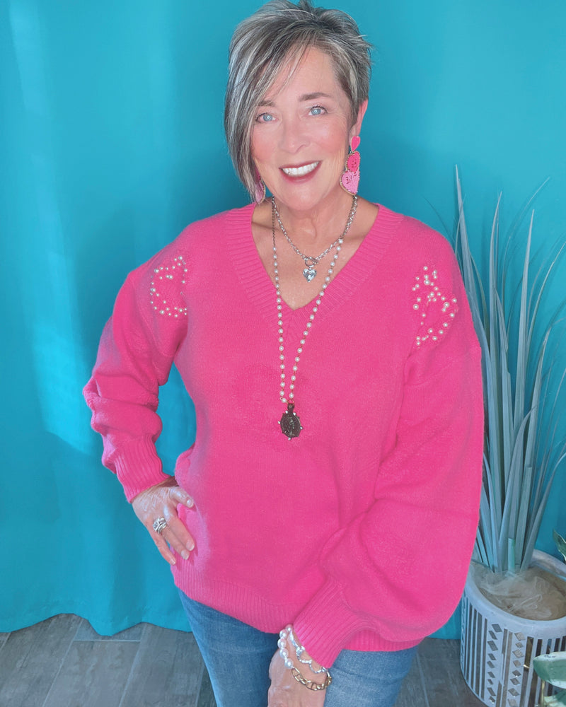 Pink Sweater with Raised Hearts Embellished with Pearls Long Sleeves