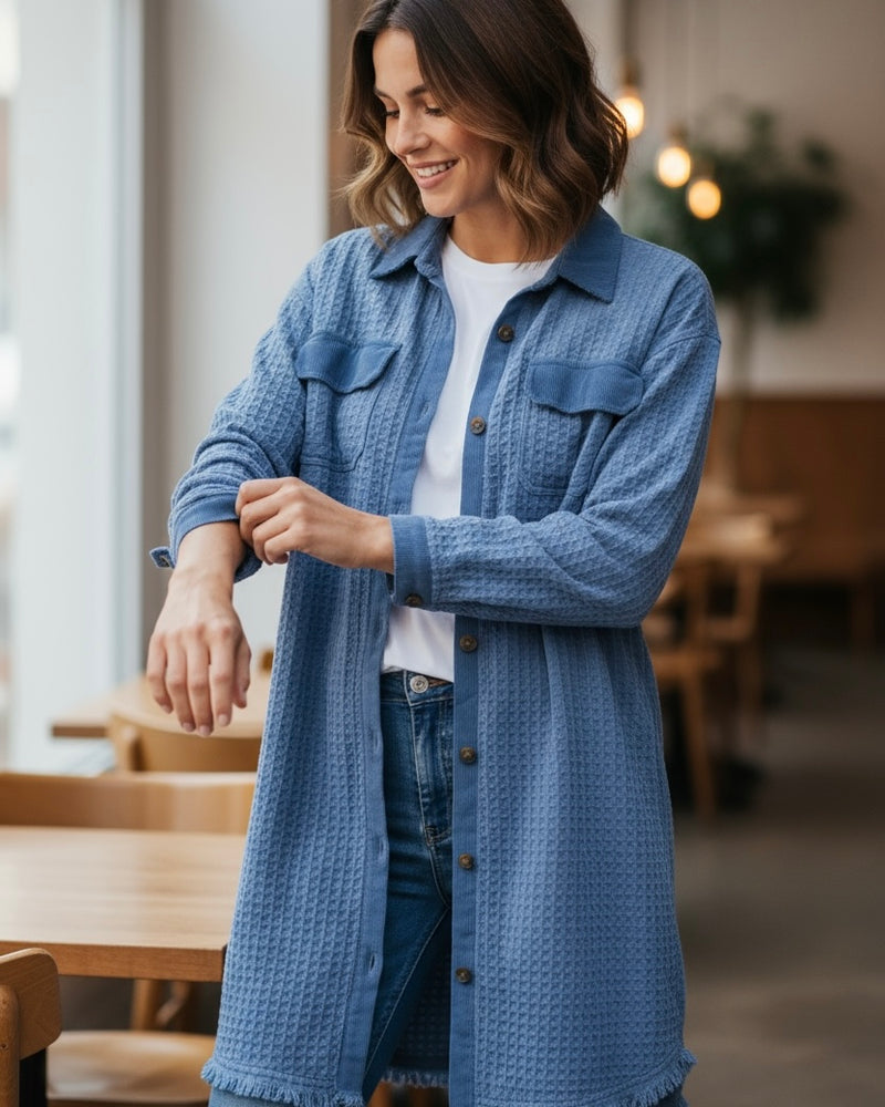 Denim Blue Waffle & Corduroy Trim Texture Frayed Edge Long Sleeve Shacket Dress