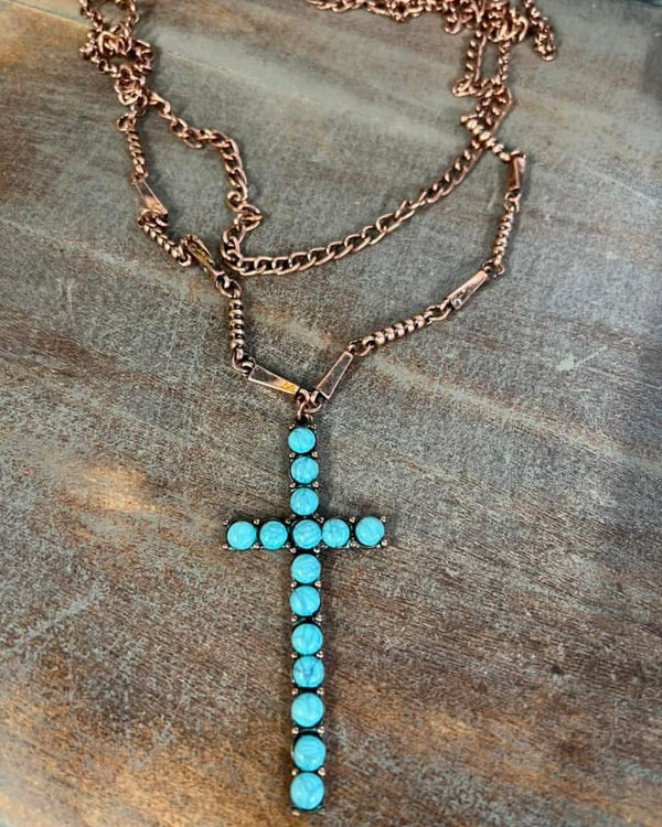 Long Double Copper Link Strand Necklace w/Thin Faux Turquoise Cross