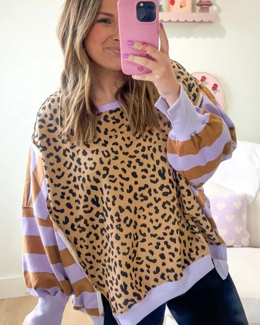 Brown Leopard with Contrasting Purple & Brown or Brown & White Stripe Long Sleeve Oversize Sweatshirt Top