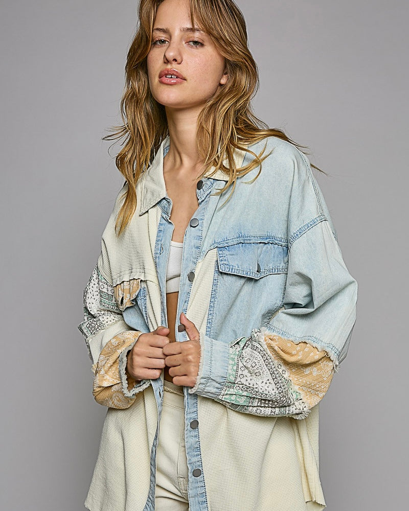 Boho Khaki Denim, Waffle & Lace Hi Lo Oversized Patch Balloon Sleeve Button Down Shirt/Jacket