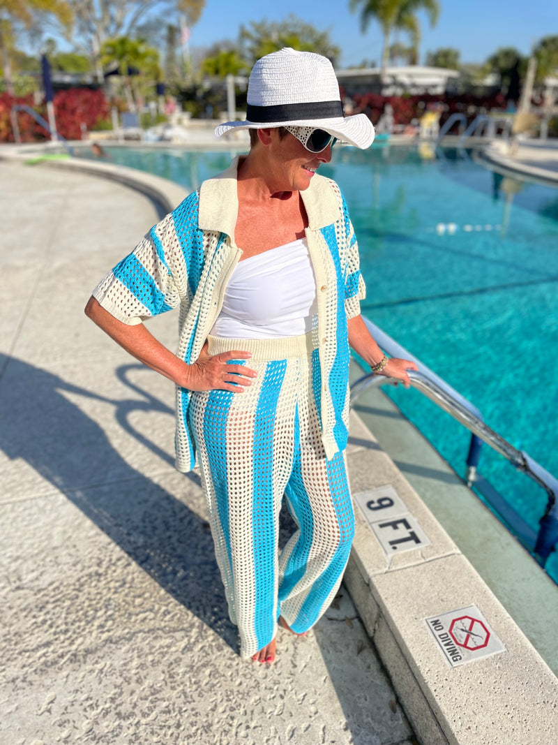 Turquoise Blue & White Stripe Vacay Cover Up Stretchy Sweater Knit Pant Set