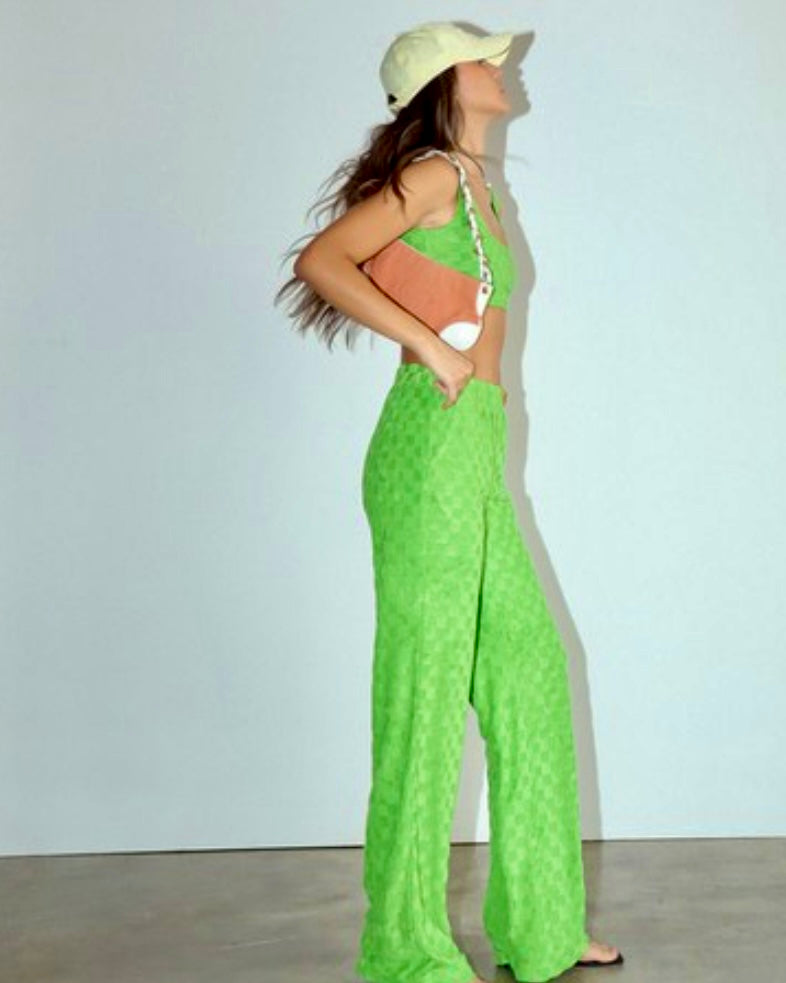 2 pc Lime Green Checkered Texture Button Down Top and Pant Set