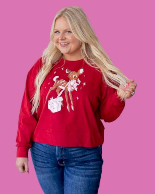 Red Deck the Doe Rudolph Christmas Holiday Long Sleeve Sweatshirt