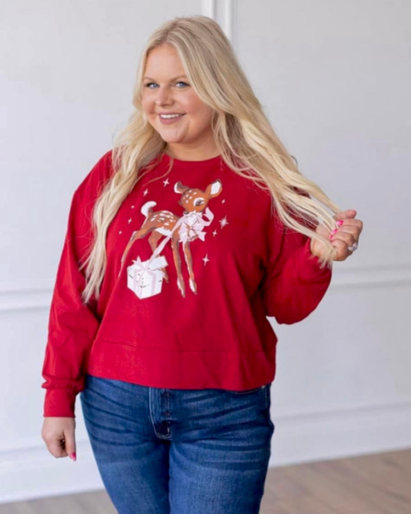 Red Deck the Doe Christmas Holiday Long Sleeve Sweatshirt