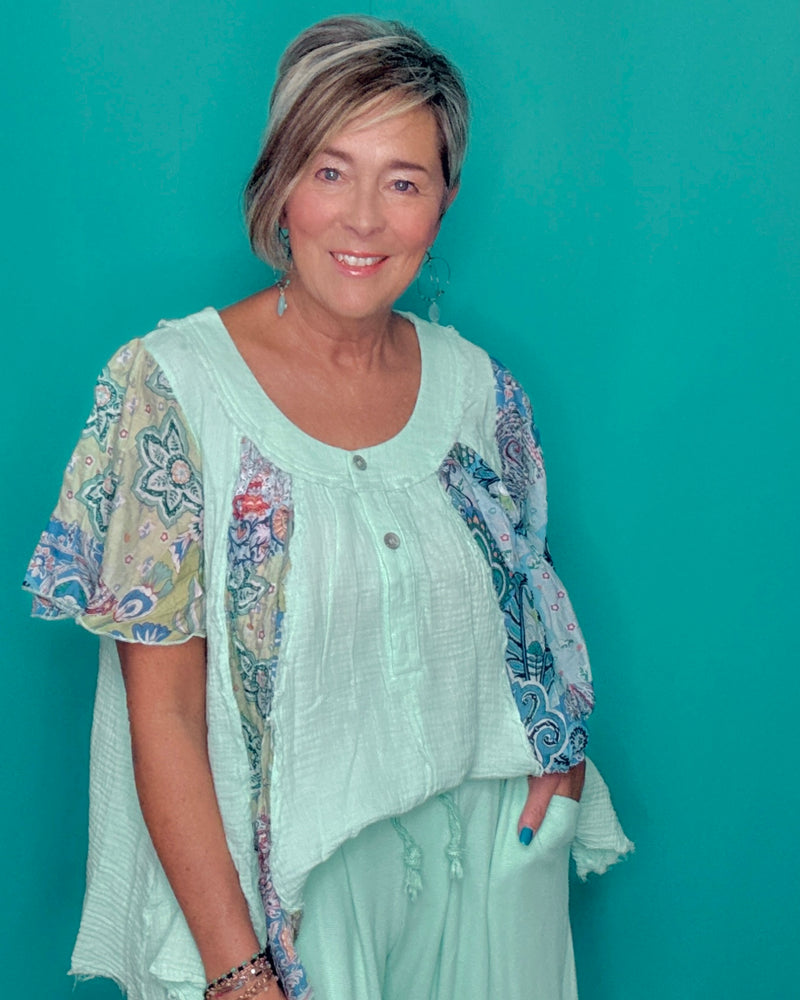 Boho Mint Green & Blue Paisley Mix Media Gauze Flare Short Sleeve Button Neck Top