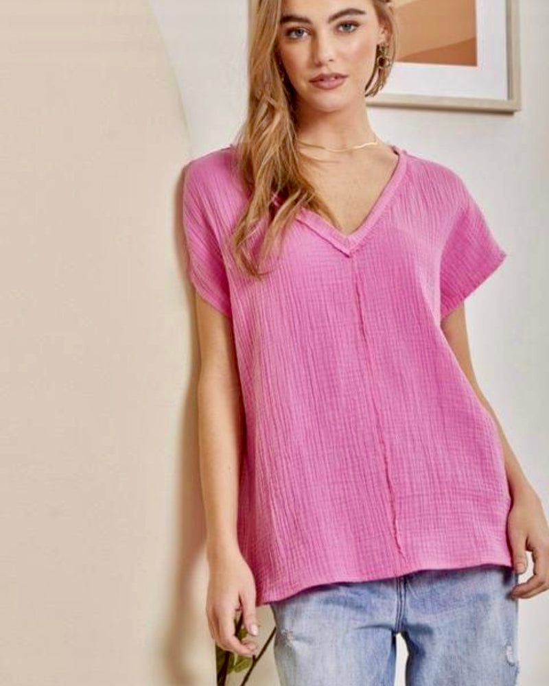 Plus Size Candy Pink or Kelly Green Short Sleeve Gauze VNeck Short Sleeve Raw Edge Top