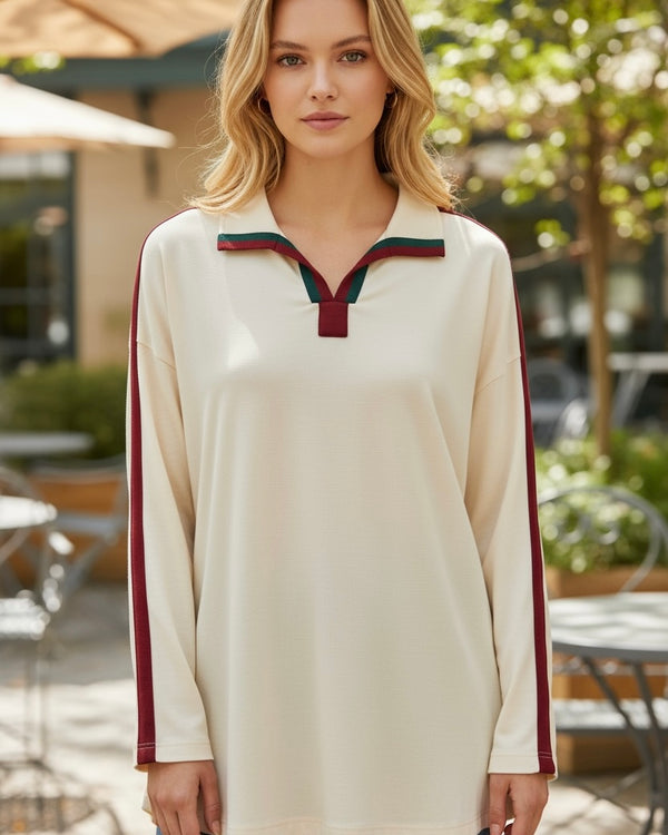 Solid Cream Contrasting Stripe Trim Long Sleeve VNeck Top