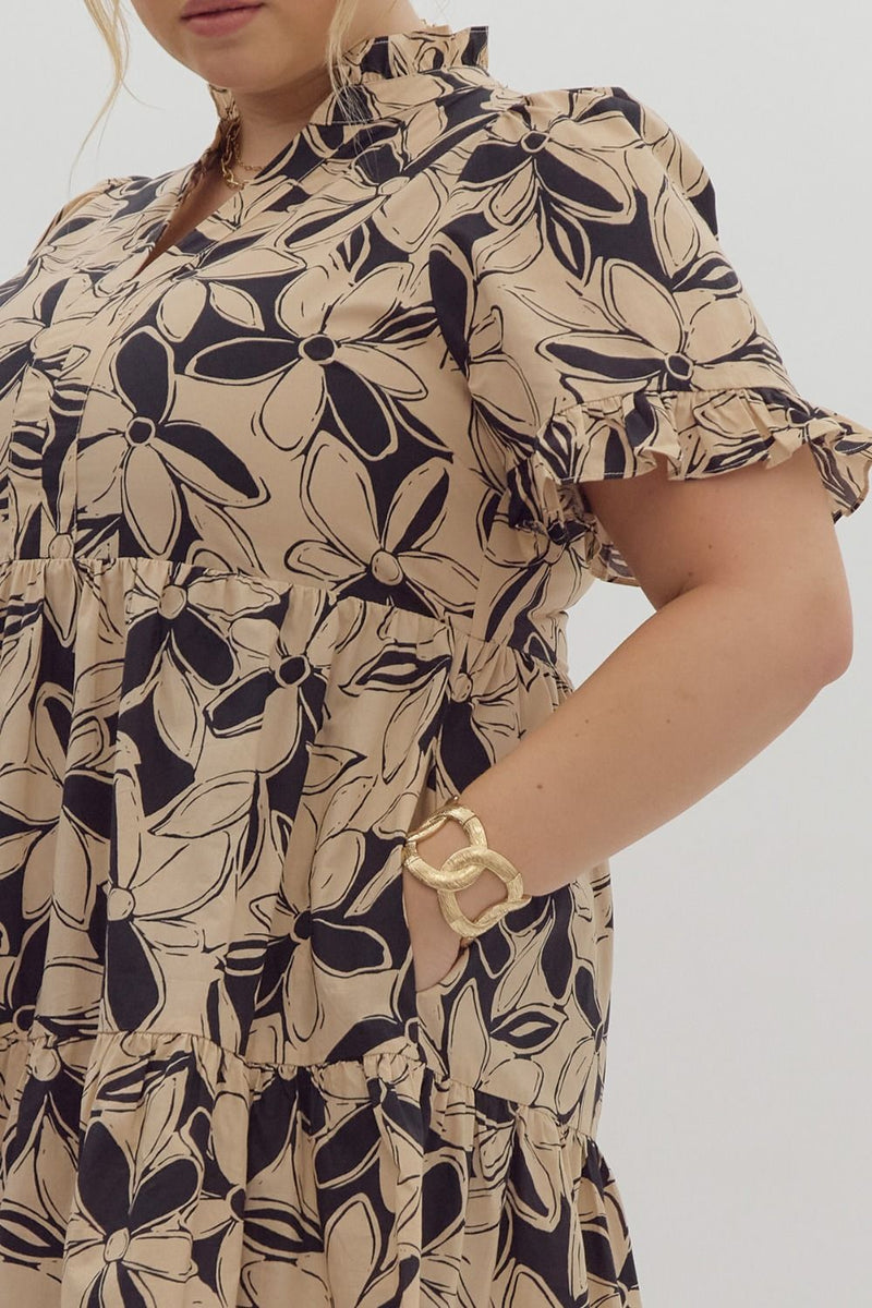 Black & Cream Floral Print VNeck Short Sleeve Ruffle Trim Cotton Dress