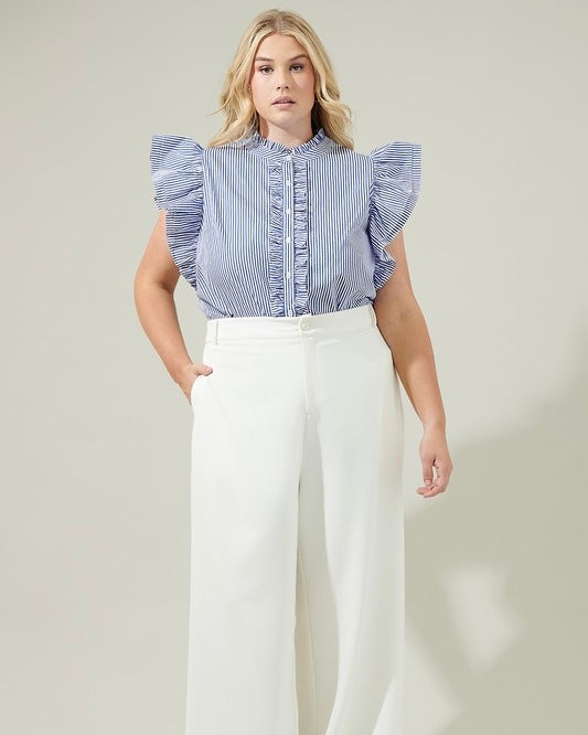 Blue & White Thin Striped Ruffle Cap Sleeve Button Down Top