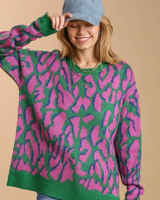 Green & Purple Large Leopard Animal Print Long Sleeve Sweater