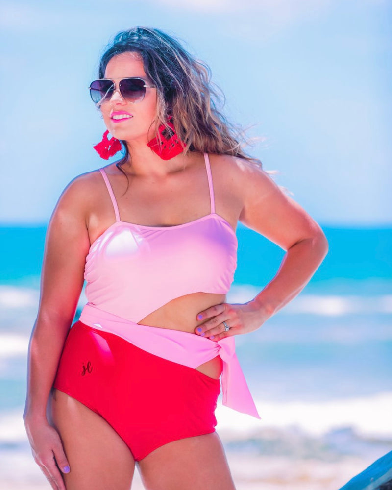 Two Tone Pink One Piece Side Cut Wrap Tie Swimsuit