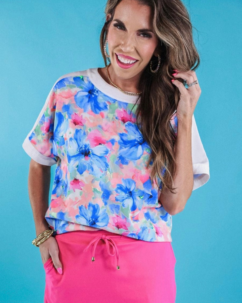 Blue & Pink w/White Trim Brushstroke Bloom Floral Short Sleeve Top