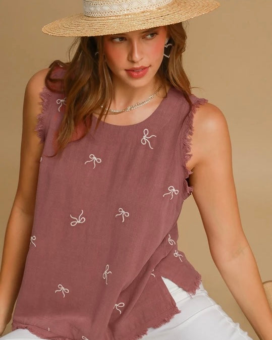 Khaki Cream or Rose Mauve Linen Blend Bow Ribbon Embroidery Sleeveless Fray Hem Tank Top