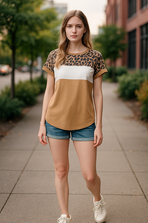 Brown, White & Leopard Color Block Short Sleeve T-Shirt Top