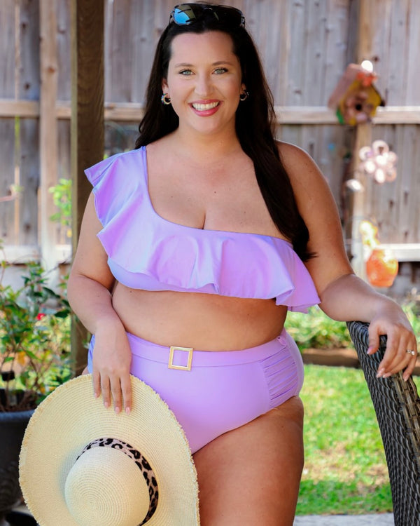 Lilac Purple Beach Retreat Two Piece One Ruffled Shoulder Bikini Swimsuit