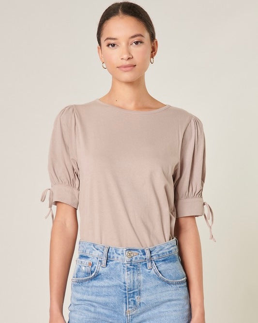 Solid Mocha Neutral Taupe Short Tie Sleeve Cotton Top