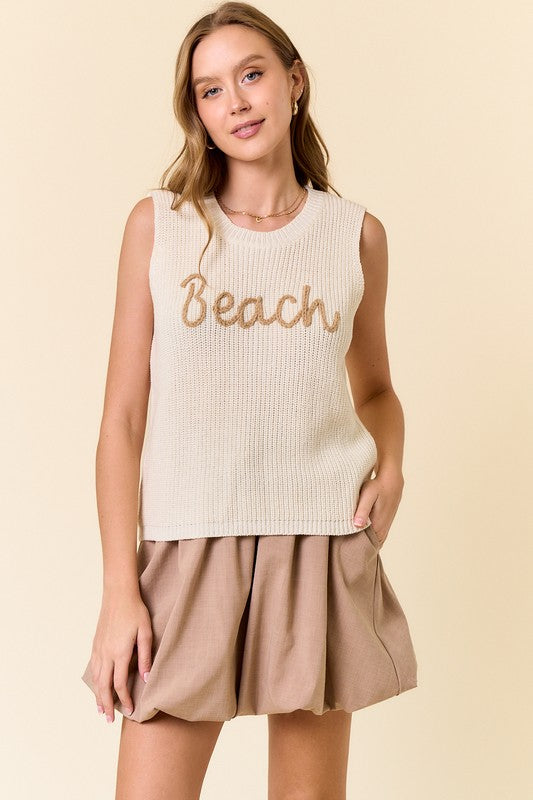 SPRING Off White "Beach" Light Sweater Knit Round Neck Sleeveless Tank Top