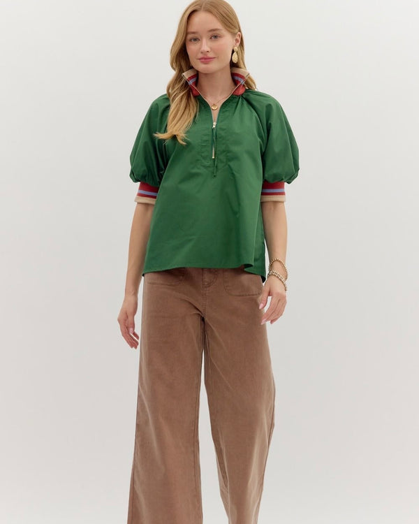 Solid Green Jersey Contrast Stripe Zip Neck Short Sleeve Top