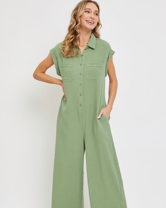 Green Gauze Short Cap Sleeve Button Front Pocket Jumpsuit