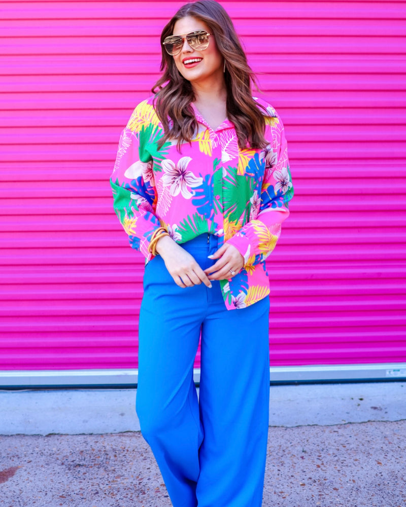 Pink Multicolor Tropical Trip to the Keys Button Up Long Sleeve Top