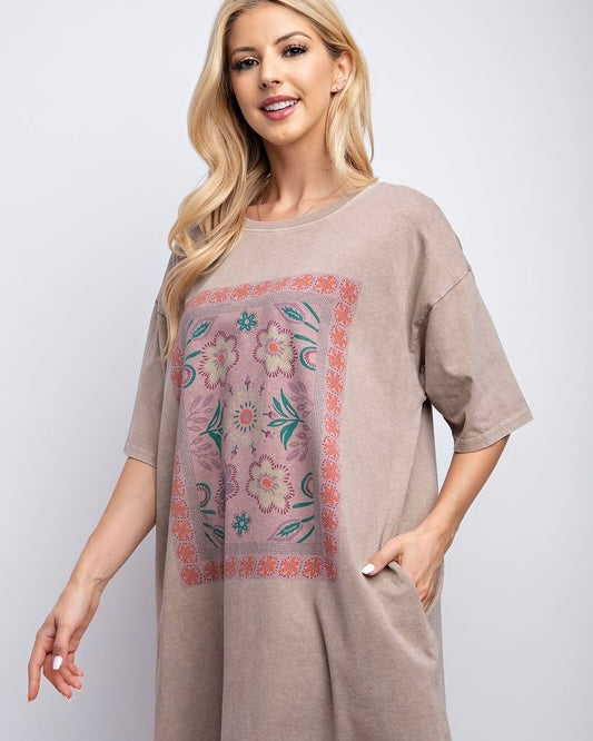 Plus Size Mocha Boho Print Short Sleeve Washed T-shirt Dress