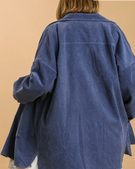 Denim Blue Corduroy Collared Button Down Shacket Jacket