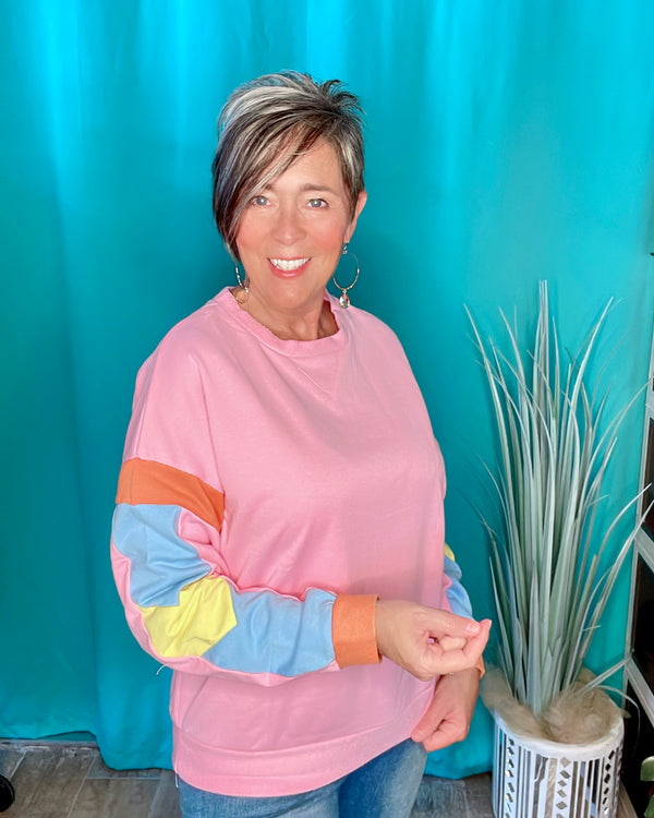 Candy Pink Sweatshirt with Yellow, Blue & Orange Color Block Long Sleeves