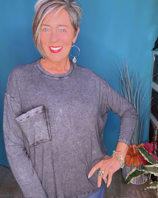 Teal Green or Black Ribbed Textured Round Neck Long Dolman Sleeve Top