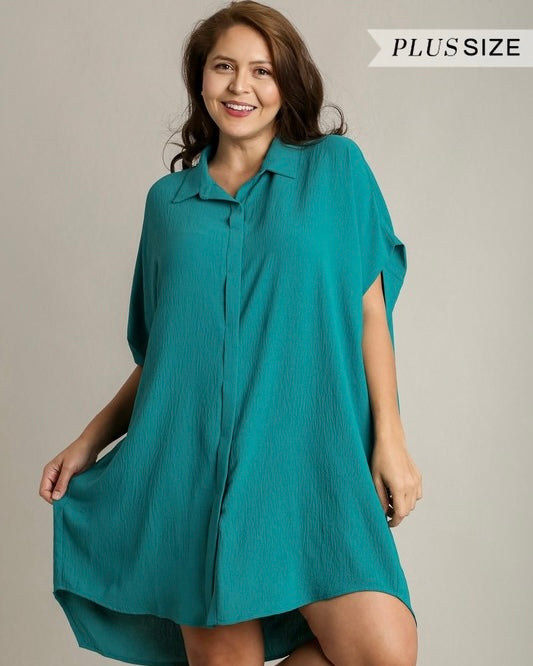 Plus Size Teal Button Down Hi/Lo Shirt Elbow 3/4 Sleeve Dress