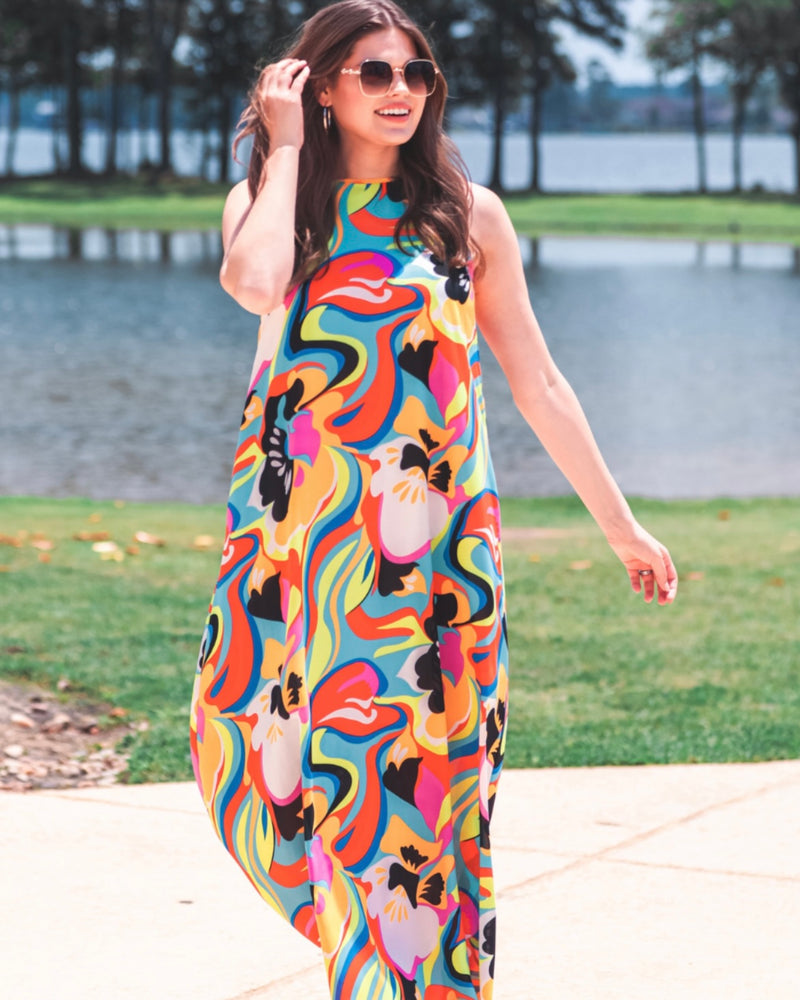 Bright Cozumel Abstract Sleeveless Maxi Sundress