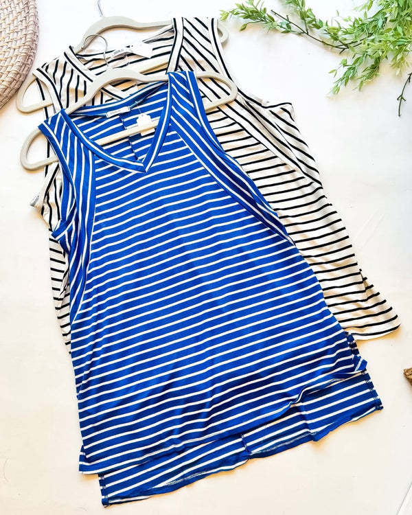 Blue w/White or White w/Black Stripe Sleeveless Hi Lo Tunic
