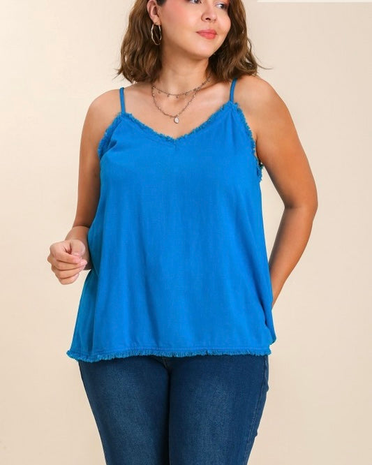 Linen Blend Green, Black, Coral, Blue, Pink Adjustable Strap Fray Edge Tank Top