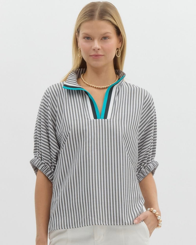 Black & White Vertical Striped 3/4 Balloon Sleeve Open Contrasting Neck Top