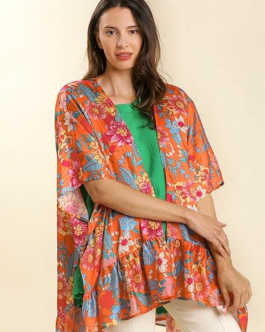 Orange Floral Ruffle Print Sleeve Open Front Kimono