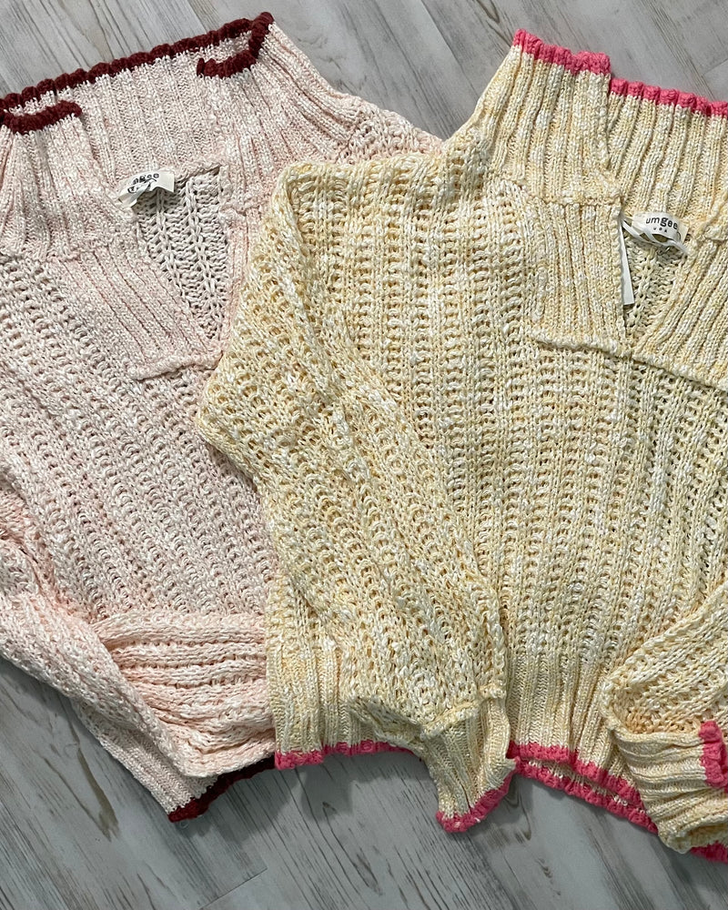 Light Butter Yellow or Blush Pink Open Knit Trimmed Open Neck Pullover Sweater