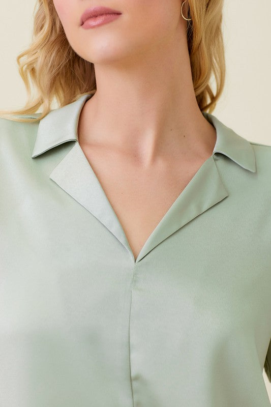 Sage Green Satin Front Tie Half Sleeve Open Collar Neck Top