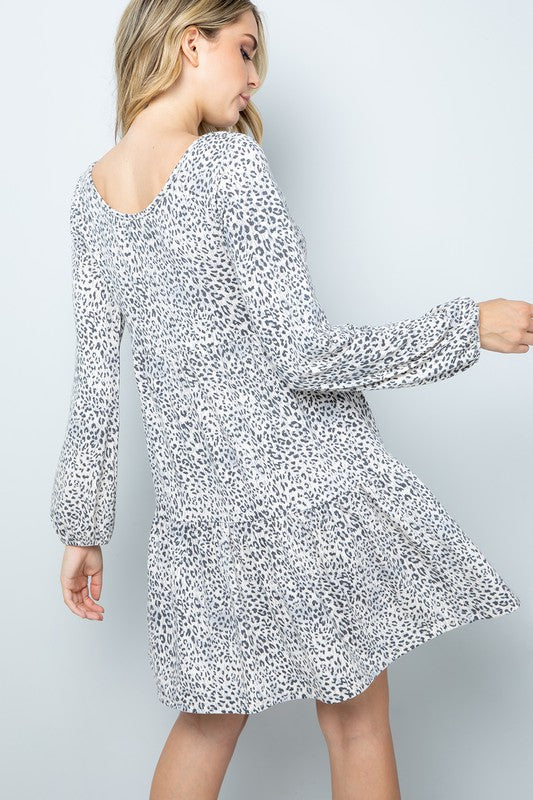 Cheetah Leopard Print Long Sleeve Button Neck Long Sleeve Swing Dress