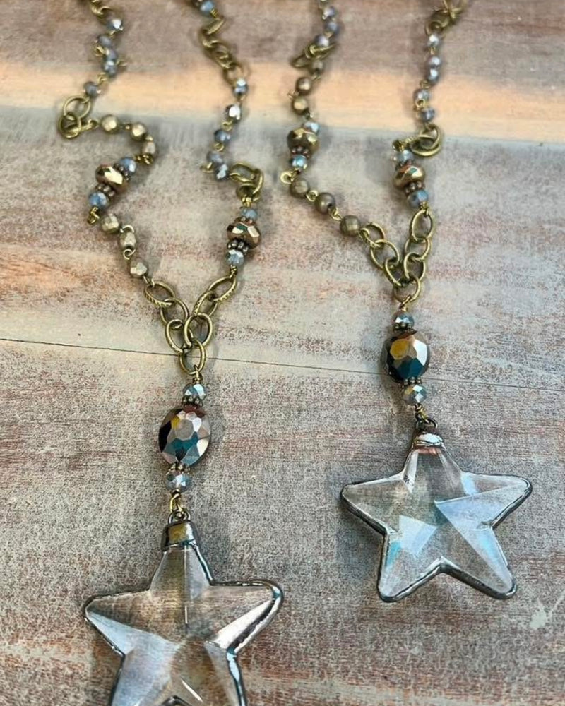 Vintage Style Neutral Gray Bead Necklace w/Gun Metal Line Chain & Crystal Drop Pendant