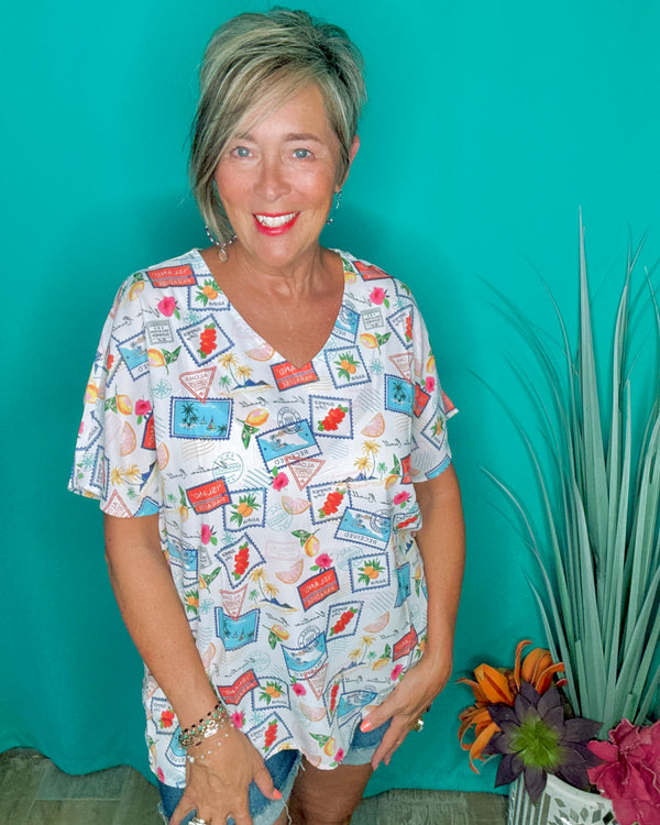 White Multicolor Passport Tropical Vacay Short Sleeve Top