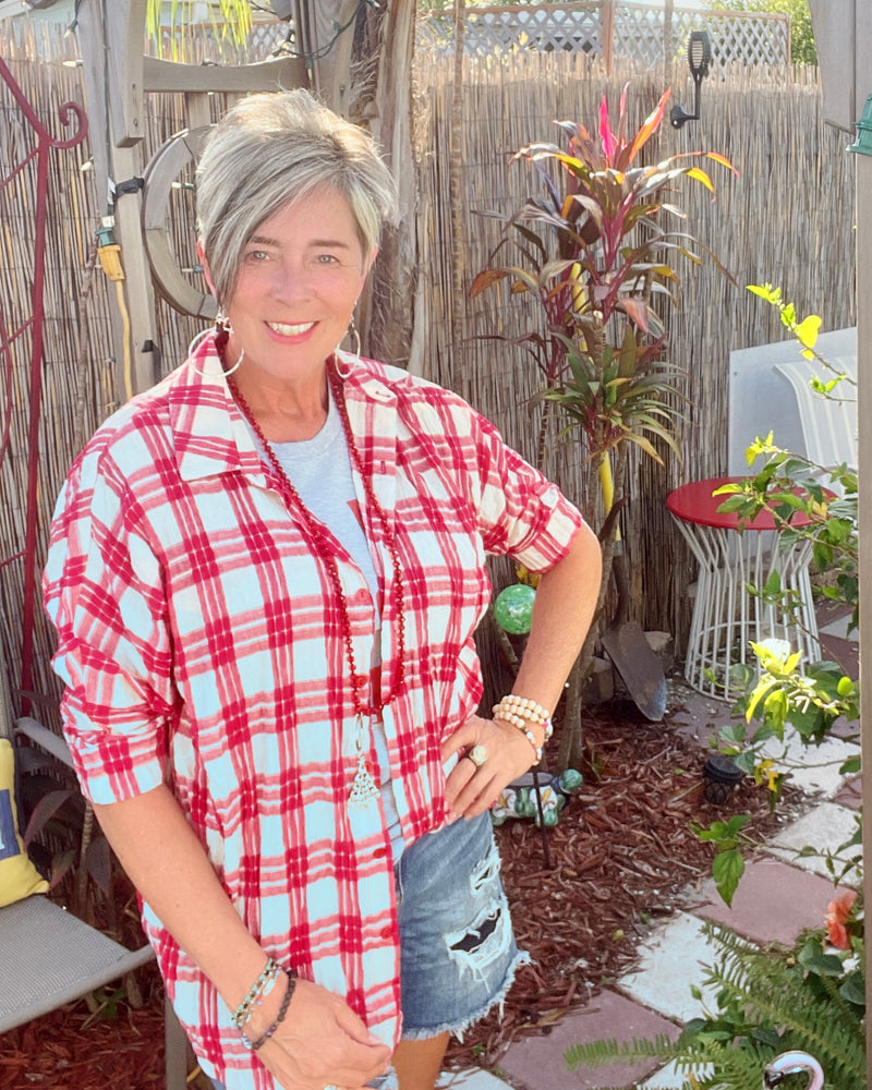 Red & White Plaid Button Down Short Sleeve Top