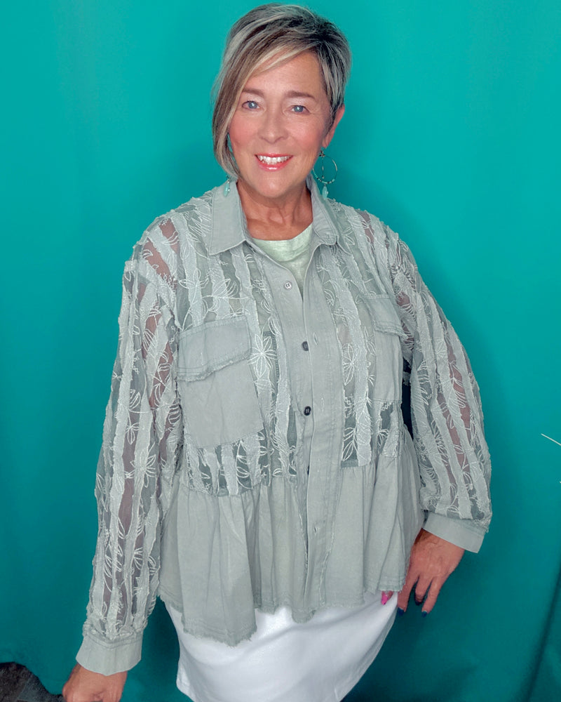 Boho Sage Green Light Denim & Lace Babydoll Cut Button Down Long Sleeve Jacket Top