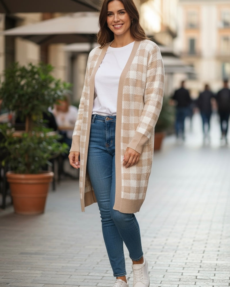 Khaki Tan & Cream Checkered Pattern Chunky Loose Fit Open Front Sweater Cardigan