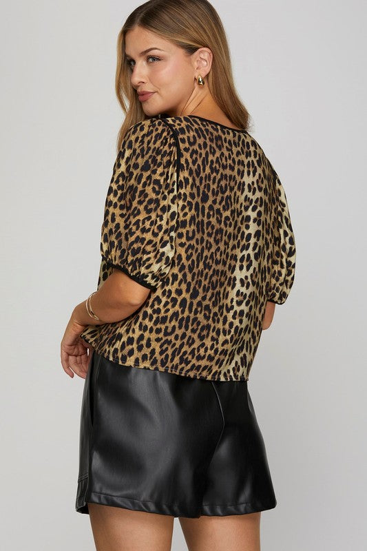 Black & Brown Leopard Tie Front Contrast Short Sleeve Animal Print Top