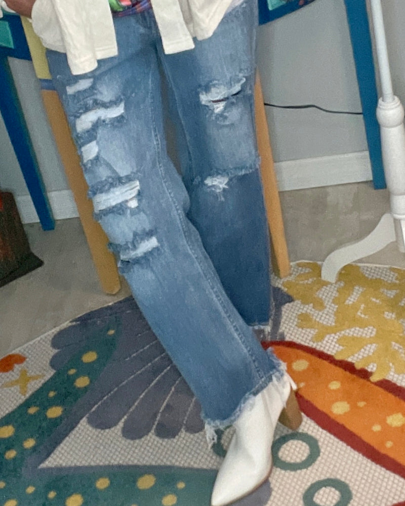 Lover Brand Medium Wash High Waist Wide Leg Distressed Ankle Frayed Jeans